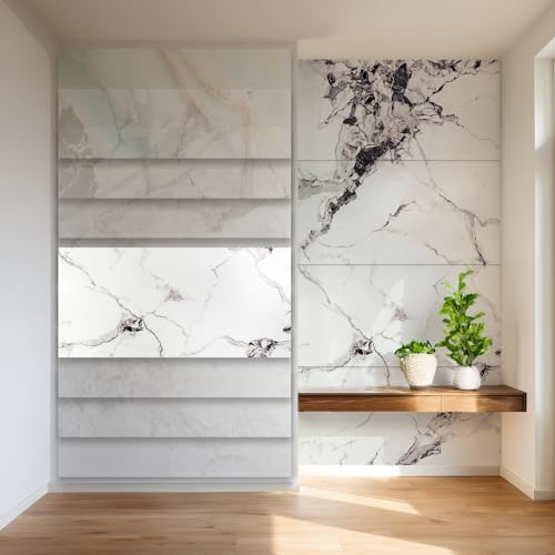 HEXIM Wandpaneele 4er-Set Granit-/Marmoroptik 122×280cm (je Paneel 122×70cm) Küchenrückwand robuste Wandverkleidung aus Kunststoff - Dekorative Wohnzimmerwand weiß (4 Paneele / 3,42 m² Modell 2013A) von HEXIM