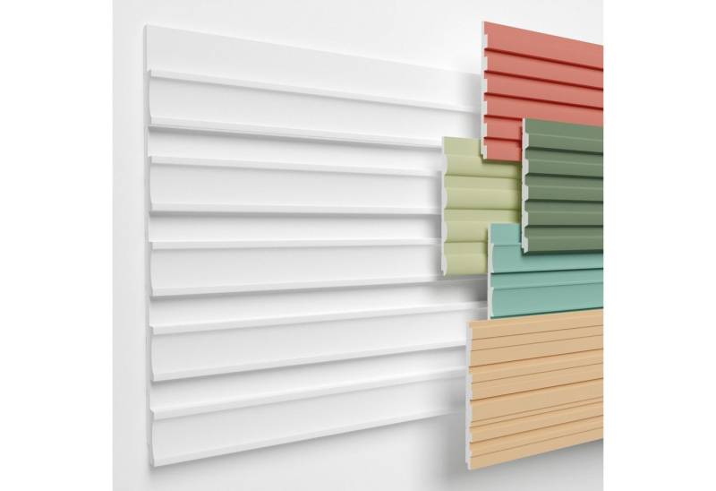 HEXIMO Wanddekoobjekt HLM-6-01 (Lamellenwand (3.67 m) aus XPS - Lamellen Wandpaneele Lamellenverkleidung Akustikpaneele weiß (8 Paneele, HLM-6-01 weiß) Wandplatten wall panels Schaumstoff) von HEXIMO