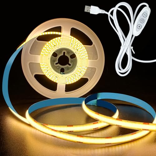 HEXJOSGL 5V USB COB LED Streifen Licht Warmweiß 3000K 320LEDs/M 8mm Breite Dimmbar flexible COB LED Tape Lights für TV Schrank Display Regale Spiegel Kleiderschrank von HEXJOSGL