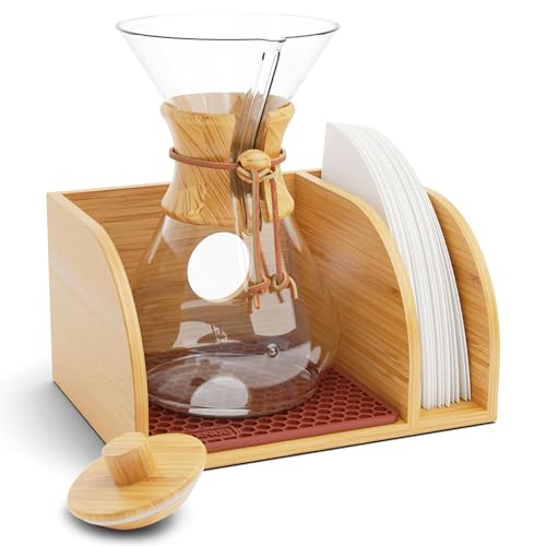 Hexnub Coffee Organizer Ständer für Chemex Filtered Coffee Maker Die Premium Bamboo Caddy Station fasst die Kaffeemaschine und Filter mit brauner Tropfmatte (Organizer Station mit Deckel) von HEXNUB