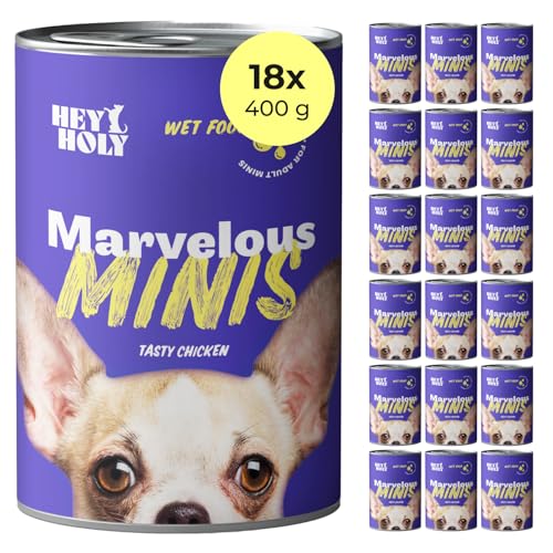 HEY HOLY Premium Nassfutter für Minis | 18x 400g Hundefutter für ausgewachsene Minis mit Huhn | Hochverträglich aus natürlichen Zutaten von HEY HOLY