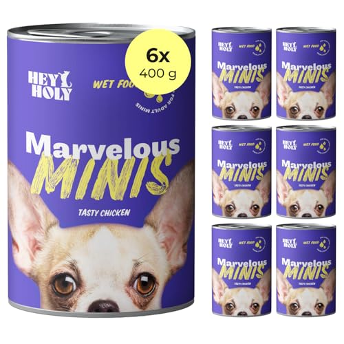HEY HOLY Premium Nassfutter für Minis | 6X 400g Hundefutter für ausgewachsene Minis mit Huhn | Hochverträglich aus natürlichen Zutaten von HEY HOLY