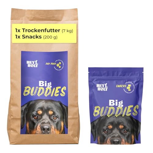 HEY HOLY Set 7 kg Premium Trockenfutter & 1 x 200 g Snacks für Molosser 100% getreidefrei | Hundefutter & Leckerlis für ausgewachsene Molosser mit Rind | Hochverträglich aus natürlichen Zutaten von HEY HOLY
