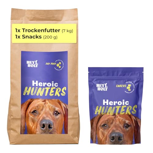 HEY HOLY Set 7 kg Trockenfutter & 1 x 200 g Snacks für große Jagdhunde 100% getreidefrei | Hundefutter & Leckerlis für ausgewachsene große Jagdhunde mit Ente | Hochverträglich aus natürlichen Zutaten von HEY HOLY