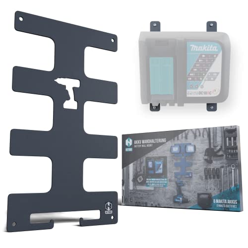 HEYBRO® Akku und Ladegerät Wandhalterung für Makita - Extra platzsparende Halterung bis zu 6 Akkus (14,4V & 18V) und einem Ladegerät (DC18RC+RD) - Inkl. Befestigungsmaterial - Hingucker (6 Akkus) von HeyBro