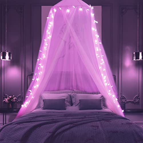 Betthimmel für Mädchen mit Lichtern, Prinzessinnen-Bettvorhänge mit 100 LEDs, Farbwechselstern, rosa Kuppel, Moskitonetz mit bunten Lichtern für Frauen, Dekoration, Doppelbett bis King-Size-Bett von HEYCOLOR