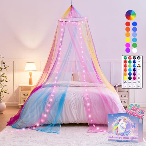 HEYCOLOR Regenbogen Betthimmel Mädchen mit Lichtern, 24 Farben Himmelbett Vorhänge LED-Stern Fee Lichter Prinzessin Baldachin Remote Timer für Kinderzimmer Zelt Twin Full Queen King Size Bett von HEYCOLOR
