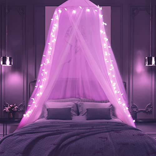 Rosa Betthimmel mit Lichtern für Mädchen Schlafzimmer Dekoration, Prinzessin Baldachin Bettvorhänge mit 100 LED Stern rosa Lichter USB Powered Geschenke für Mädchen Frauen, Einzel- bis King Size Bett von HEYCOLOR