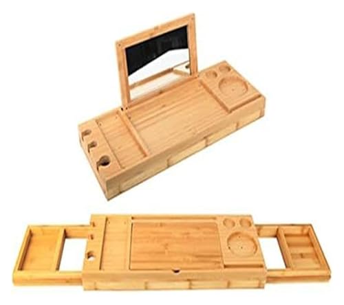 Caddy-Tablett, Badewannentablett for die Badewanne, Badewannenständer, Spiegel, Telesmultifunktions-Badewannenständer, Badezimmer, Holzfass-Regal, Badewannentabletts, 50–90 x 20 4,7 cm von HEYDGBBZ