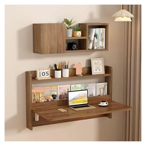 HEYDGBBZ An der Wand montierter Klapptisch, herunterklappbarer Laptop-Schreibtisch, platzsparender Tischarbeitsplatz mit Stauraum(Walnut,60x46x60CM(Shelf)) von HEYDGBBZ