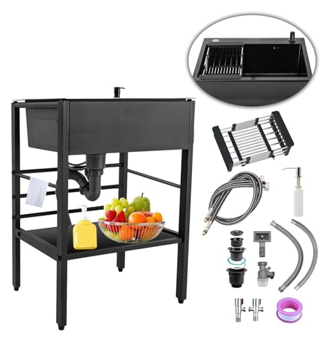 Tragbare Spüle, Außenspüle mit Abtropffläche, freistehende Küche, Cucina, inklusive Abflussset, ideal for Garage, Restaurant, Garten, Wäscherei(Black(No faucet),80x45x86cm) von HEYDGBBZ
