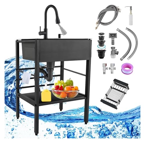 Tragbare Spüle, Außenspüle mit Abtropffläche, freistehende Küche, Cucina, inklusive Abflussset, ideal for Garage, Restaurant, Garten, Wäscherei(Black (with faucet),90x45x86cm) von HEYDGBBZ