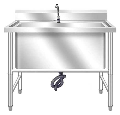 Tragbare Spüle, Außenspülen, Wäschespüle, freistehende Küchenspüle mit Abtropffläche und Schwanenhalshahn, Einzelbecken, Edelstahlspüle(30cm Deep,100x60x80cm) von HEYDGBBZ