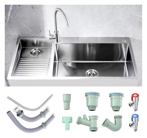 Tragbare Spüle, Doppelspüle aus Edelstahl 304 mit Waschbrett for Garage und Keller, inklusive Ablaufgarnitur, 80 cm, Design auf der rechten Seite(Silber B,100cmLeft) von HEYDGBBZ