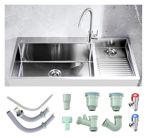 Tragbare Spüle, Doppelspüle aus Edelstahl 304 mit Waschbrett for Garage und Keller, inklusive Ablaufgarnitur, 80 cm, Design auf der rechten Seite(Silber B,100cmRight) von HEYDGBBZ