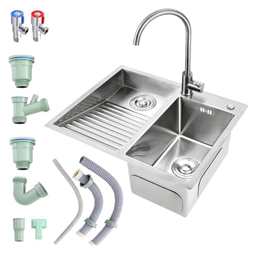 Tragbare Spüle, Doppelspüle aus Edelstahl 304 mit Waschbrett for Garage und Keller, inklusive Ablaufgarnitur, 80 cm, Design auf der rechten Seite(Silber B,60cmLeft) von HEYDGBBZ