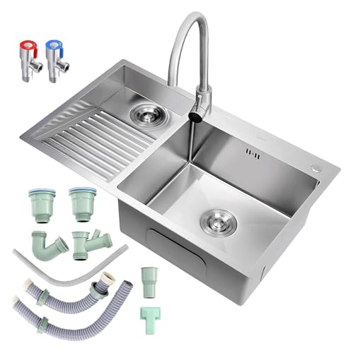 Tragbare Spüle, Doppelspüle aus Edelstahl 304 mit Waschbrett for Garage und Keller, inklusive Ablaufgarnitur, 80 cm, Design auf der rechten Seite(Silber B,70cmLeft) von HEYDGBBZ