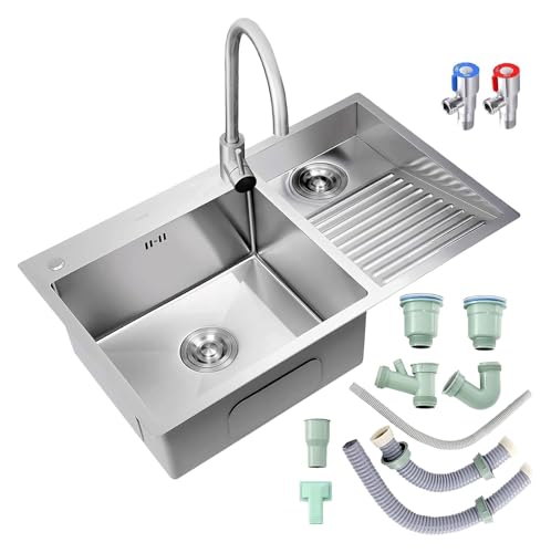 Tragbare Spüle, Doppelspüle aus Edelstahl 304 mit Waschbrett for Garage und Keller, inklusive Ablaufgarnitur, 80 cm, Design auf der rechten Seite(Silber B,70cmRight) von HEYDGBBZ