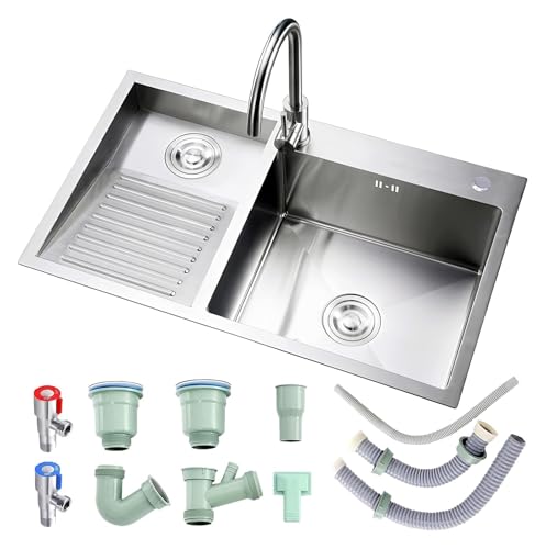 Tragbare Spüle, Doppelspüle aus Edelstahl 304 mit Waschbrett for Garage und Keller, inklusive Ablaufgarnitur, 80 cm, Design auf der rechten Seite(Silber B,80cmLeft) von HEYDGBBZ