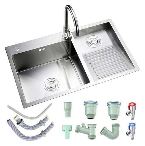 Tragbare Spüle, Doppelspüle aus Edelstahl 304 mit Waschbrett for Garage und Keller, inklusive Ablaufgarnitur, 80 cm, Design auf der rechten Seite(Silber B,90cmRight) von HEYDGBBZ