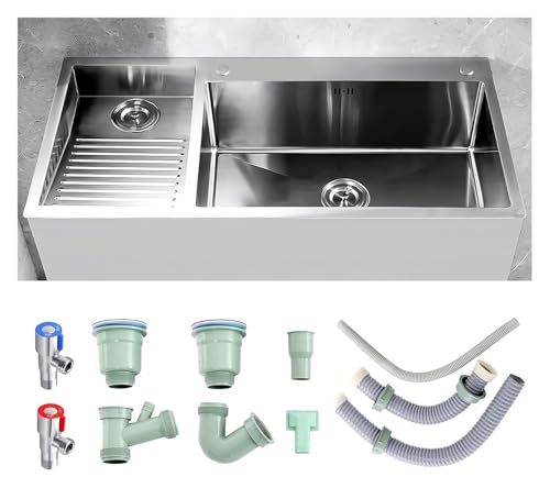 Tragbare Spüle, Doppelspüle aus Edelstahl 304 mit Waschbrett for Garage und Keller, inklusive Ablaufgarnitur, 80 cm, Design auf der rechten Seite(Silber a,100cmLeft) von HEYDGBBZ