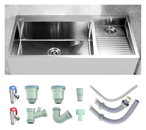 Tragbare Spüle, Doppelspüle aus Edelstahl 304 mit Waschbrett for Garage und Keller, inklusive Ablaufgarnitur, 80 cm, Design auf der rechten Seite(Silber a,100cmRight) von HEYDGBBZ