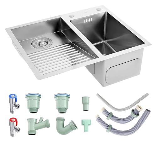 Tragbare Spüle, Doppelspüle aus Edelstahl 304 mit Waschbrett for Garage und Keller, inklusive Ablaufgarnitur, 80 cm, Design auf der rechten Seite(Silber a,60cmLeft) von HEYDGBBZ