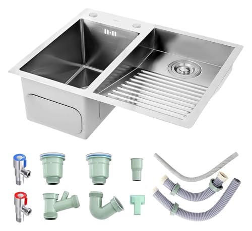 Tragbare Spüle, Doppelspüle aus Edelstahl 304 mit Waschbrett for Garage und Keller, inklusive Ablaufgarnitur, 80 cm, Design auf der rechten Seite(Silber a,60cmRight) von HEYDGBBZ