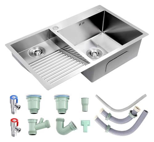 Tragbare Spüle, Doppelspüle aus Edelstahl 304 mit Waschbrett for Garage und Keller, inklusive Ablaufgarnitur, 80 cm, Design auf der rechten Seite(Silber a,70cmLeft) von HEYDGBBZ