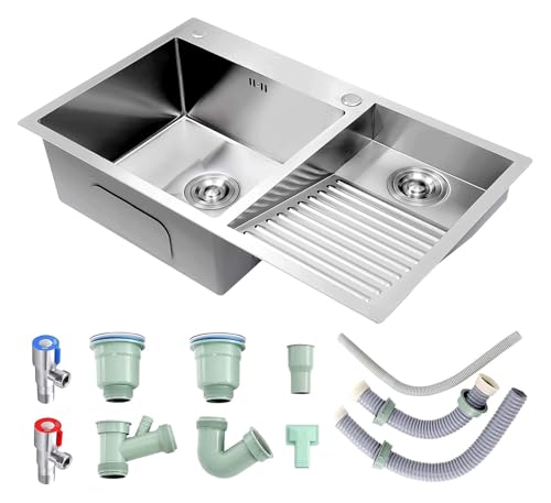 Tragbare Spüle, Doppelspüle aus Edelstahl 304 mit Waschbrett for Garage und Keller, inklusive Ablaufgarnitur, 80 cm, Design auf der rechten Seite(Silber a,70cmRight) von HEYDGBBZ