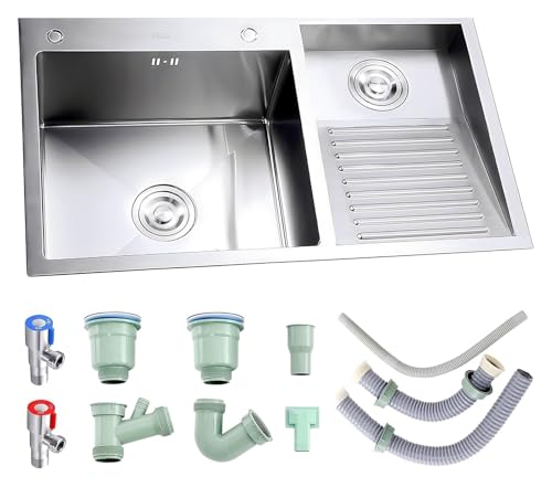 Tragbare Spüle, Doppelspüle aus Edelstahl 304 mit Waschbrett for Garage und Keller, inklusive Ablaufgarnitur, 80 cm, Design auf der rechten Seite(Silber a,80cmRight) von HEYDGBBZ