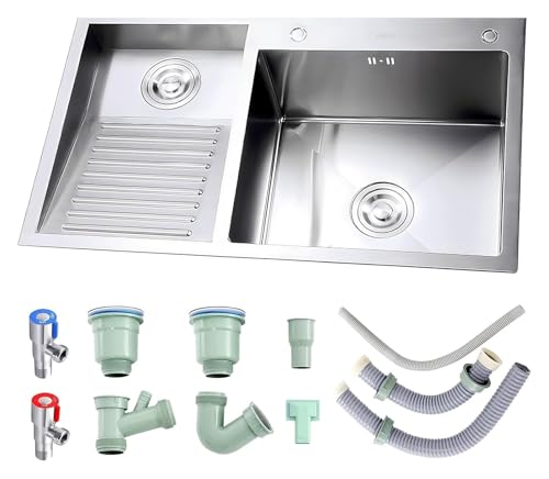 Tragbare Spüle, Doppelspüle aus Edelstahl 304 mit Waschbrett for Garage und Keller, inklusive Ablaufgarnitur, 80 cm, Design auf der rechten Seite(Silber a,90cmLeft) von HEYDGBBZ