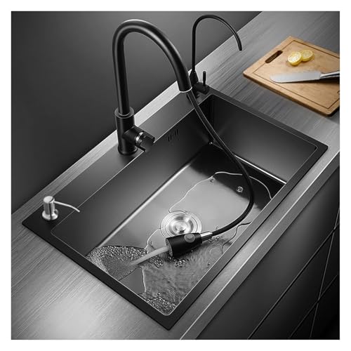Tragbare Spüle, Einzelbecken-Küchenspüle, Ausziehbarer Wasserhahn, Einzelspüle, Küchen-Nano-Geschirrspüle, 304 Edelstahl-Geschirrspüle, Schwarz(50 * 45cm) von HEYDGBBZ