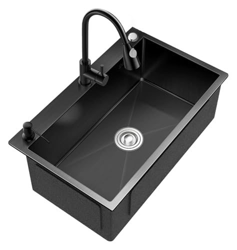 Tragbare Spüle, Einzelbecken-Küchenspüle aus Edelstahl 304, Wohnmobilspüle mit Wasserhahn und Abflussset, Unterbau- oder Aufsatzspüle(Black a,72x45x20cm) von HEYDGBBZ