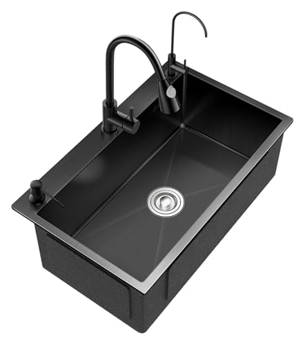 Tragbare Spüle, Einzelbecken-Küchenspüle aus Edelstahl 304, Wohnmobilspüle mit Wasserhahn und Abflussset, Unterbau- oder Aufsatzspüle(Black b,55x45x20cm) von HEYDGBBZ