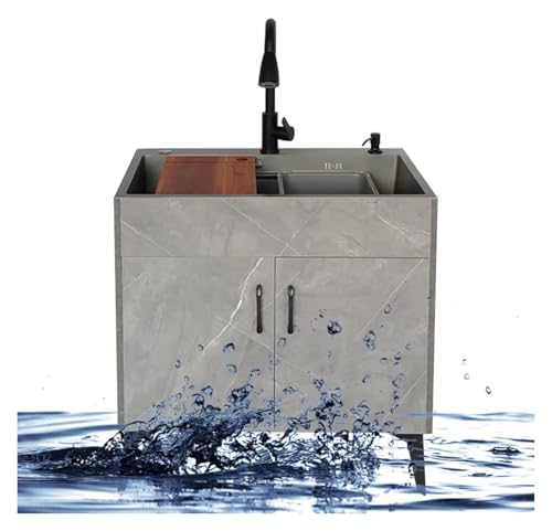 Tragbare Spüle, Gewerbliche Einzelbecken Freistehende Mit Abtropffläche Und Kalt- Warmwasserleitung Wasserhahn-Lagerregalen for Wäscherei Garage Innen(Pull Faucet,29.5X17.7X30.7IN) von HEYDGBBZ