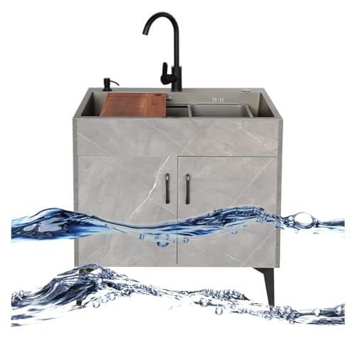 Tragbare Spüle, Gewerbliche Einzelbecken Freistehende Mit Abtropffläche Und Kalt- Warmwasserleitung Wasserhahn-Lagerregalen for Wäscherei Garage Innen(Round Faucet,29.5X17.7X30.7IN) von HEYDGBBZ