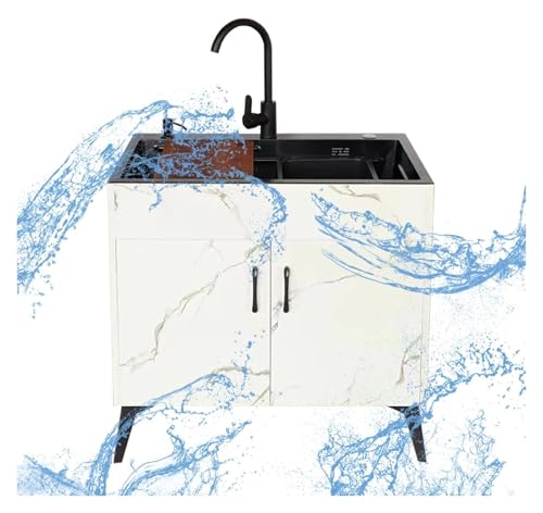 Tragbare Spüle, Küchenspüle, Einzelbecken, freistehende mit Abtropffläche und Warm-/Kaltwasserhahn Ablageflächen for die Waschküche(Round Faucet,23.6X17.7X30.7IN) von HEYDGBBZ