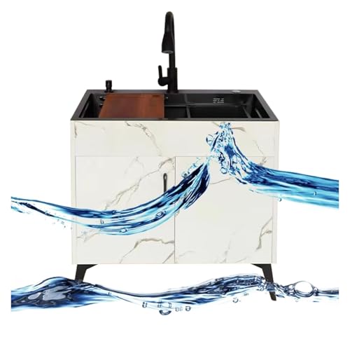 Tragbare Spüle, Küchenspüle, Einzelbecken, freistehende mit Abtropffläche und Warm-/Kaltwasserhahn Ablageflächen for die Waschküche(White,29.5X17.7X30.7IN) von HEYDGBBZ