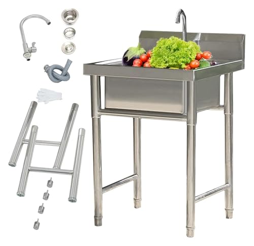 Tragbare Spüle, Küchenspüle, Waschwanne mit Wasserhahn, freistehende Einzelschüssel S, kommerziell for Arbeitsplatz, Außenküche oder Bar(60cm) von HEYDGBBZ