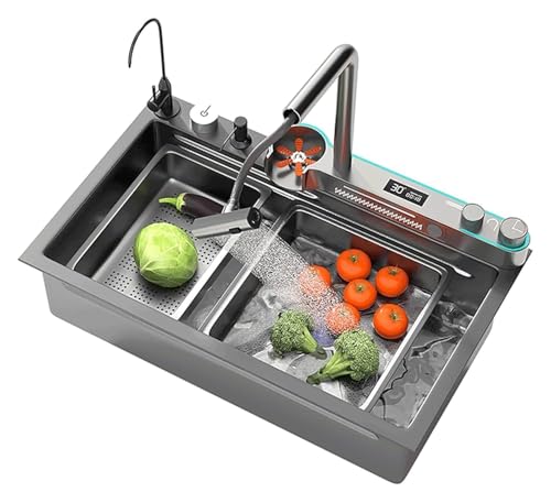 Tragbare Spüle, Küchenspüle, Wasserfallspüle aus Edelstahl 304, Einzelbecken, Arbeitsplatz-Küchenspüle mit multifunktionalem ausziehbarem Wasserhahn(75x45CM) von HEYDGBBZ