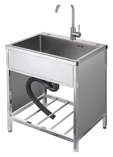 Tragbare Spüle, Küchenspüle aus Edelstahl, Einzelbecken-Waschbecken for den Außenbereich, H-Ständer-freies gewerbliches Restaurant-Mehrzweckspülbecken(Pullout Faucet,60 * 45cm) von HEYDGBBZ