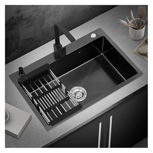 Tragbare Spüle, Küchenspüle aus Edelstahl 304, Einzelbecken-Nano-Rv-Spüle mit Wasserhahn und Abflussset, ideal for Kochen zu Hause, Top-Mount-Installation(Black b,55x45x20cm) von HEYDGBBZ