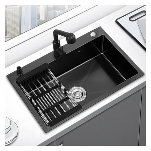 Tragbare Spüle, Küchenspüle aus Edelstahl 304, Einzelbecken-Nano-Rv-Spüle mit Wasserhahn und Abflussset, ideal for Kochen zu Hause, Top-Mount-Installation(Black c,55x45x20cm) von HEYDGBBZ