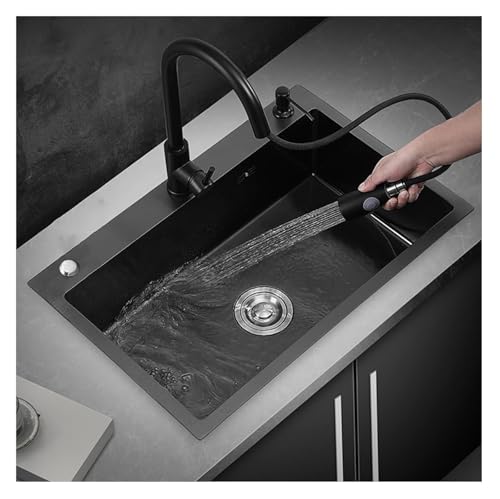 Tragbare Spüle, Küchenspüle aus Edelstahl 304, Einzelbecken-Nano-Rv-Spüle mit Wasserhahn und Abflussset, ideal for Kochen zu Hause, Top-Mount-Installation(Black d,60x45x20cm) von HEYDGBBZ