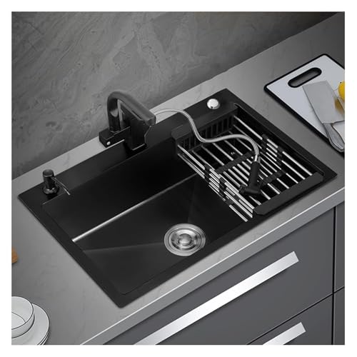 Tragbare Spüle, Küchenspüle aus Edelstahl 304, Einzelbecken-Nano-Rv-Spüle mit Wasserhahn und Abflussset, ideal for Kochen zu Hause, Top-Mount-Installation(Black e,65x45x20cm) von HEYDGBBZ