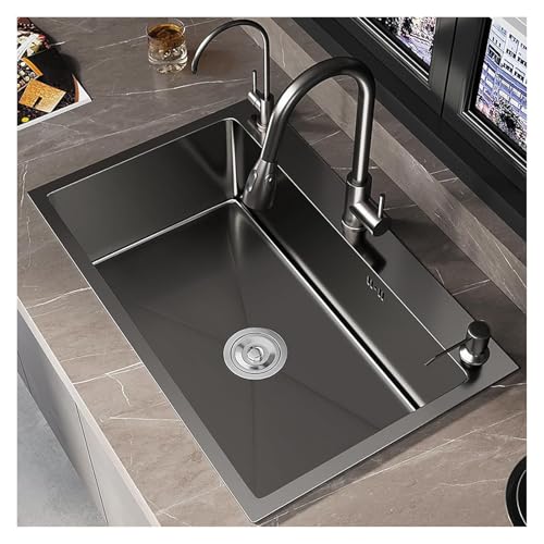 Tragbare Spüle, Küchenspülen-Set aus Edelstahl mit schwarzer Abtropffläche und ausziehbarem Wasserhahn, modernes Mehrzweckspülbecken for Zuhause stilvolles Design(80 * 45cm) von HEYDGBBZ