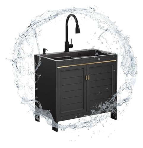 Tragbare Spüle, Mehrzweck-Gastronomiespüle, freistehende aus Edelstahl mit Warm- und Kaltwasserhahn Ablagefach for die Küche in Garagen, gewerblichen Restaurants(80x45x80cm) von HEYDGBBZ