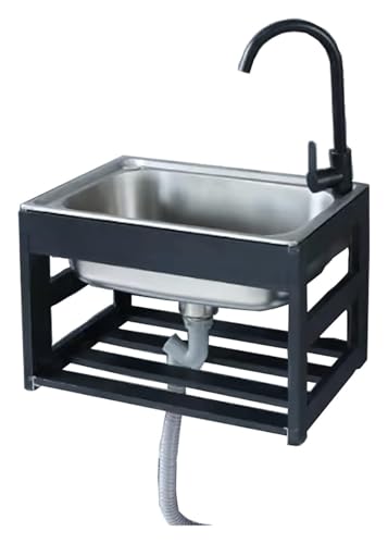 Tragbare Spüle, Rechteckige Zur Wandmontage, Freistehende for Gewerbliche Gastronomie, Mit Kalt- Und Warmwasserhahn, Lagerregalen, for Garage, Restaurant(Hot and Cold Faucet,53x38cm) von HEYDGBBZ