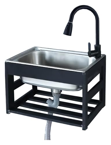 Tragbare Spüle, Rechteckige Zur Wandmontage, Freistehende for Gewerbliche Gastronomie, Mit Kalt- Und Warmwasserhahn, Lagerregalen, for Garage, Restaurant(Pull Faucet,53x38cm) von HEYDGBBZ